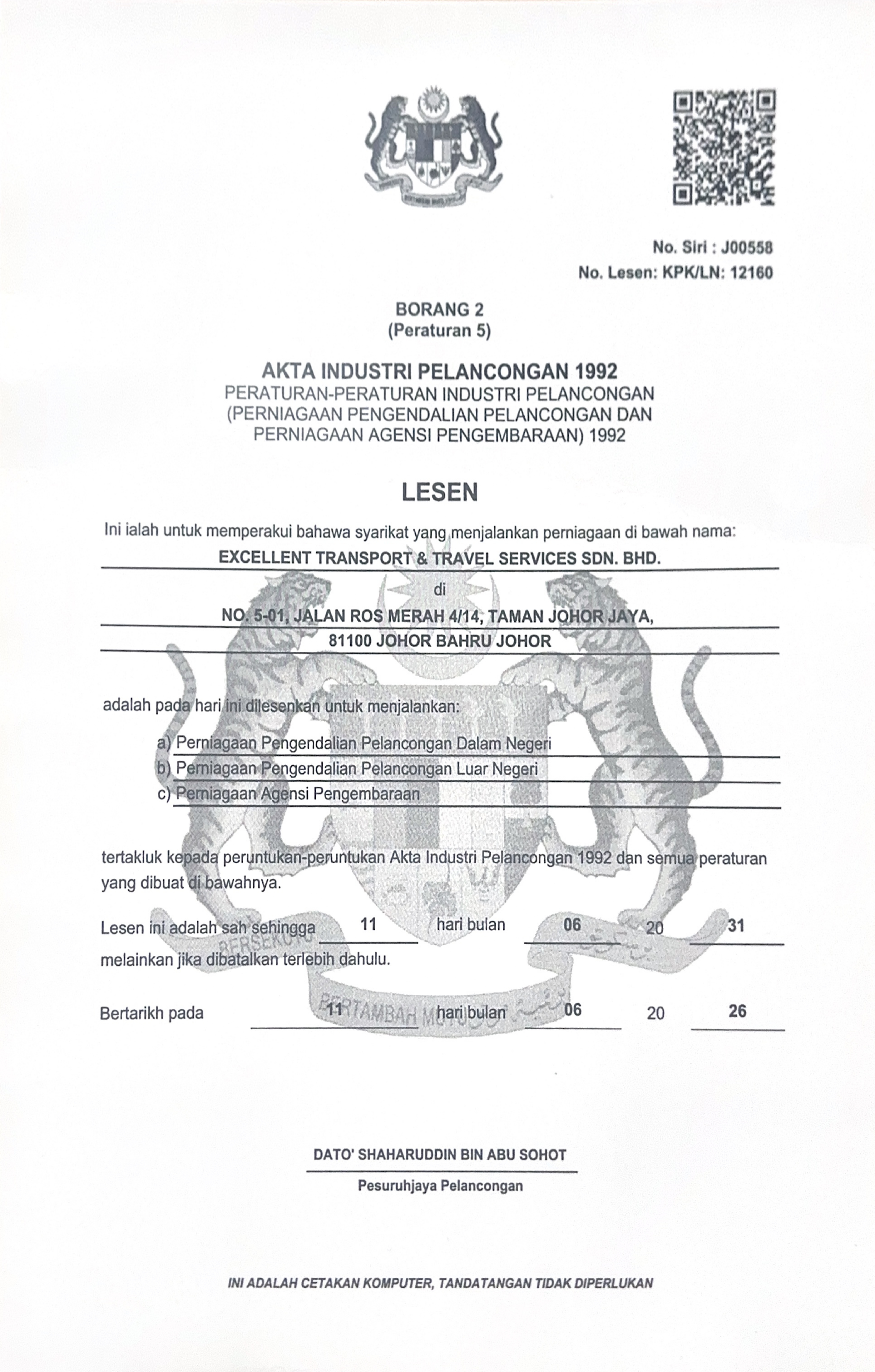 Excellent Travel Tourism License